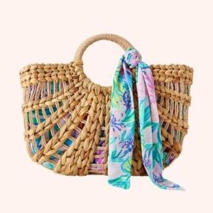 NWOT Lilly Pulitzer Marrakech straw tote Mermaid in the Shade purple wicker